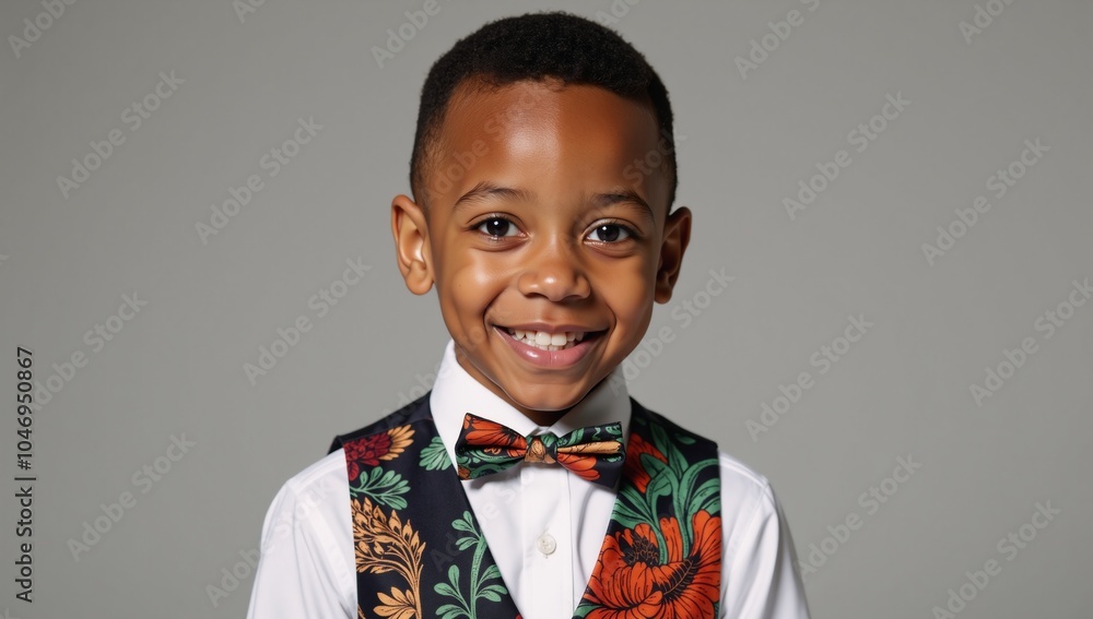 Image features an adorable African-American child dressed stylishly in a vest and bow tie Image features an adorable African-American child dressed stylishly in a vest and bow tie