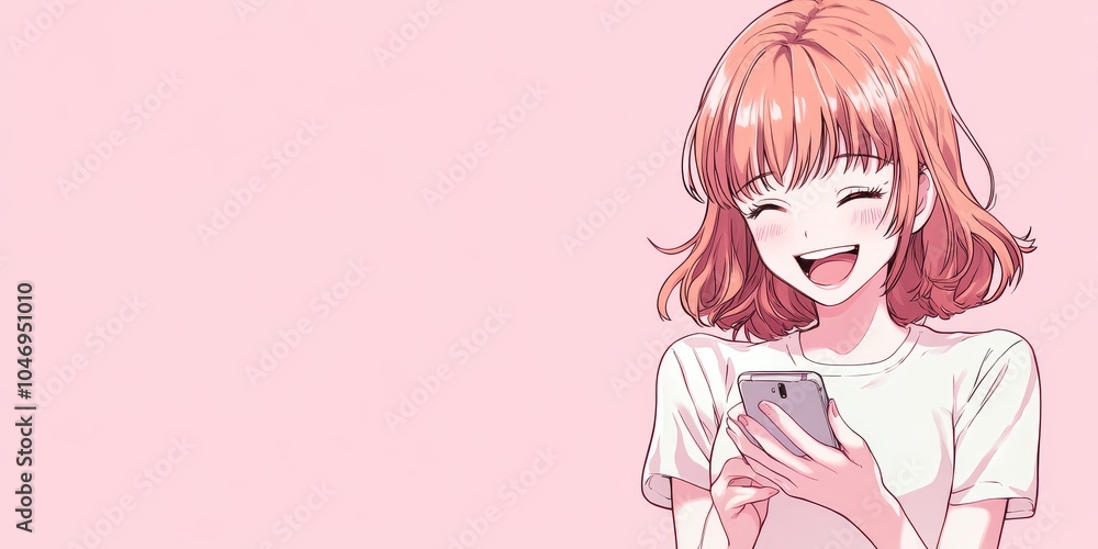 Anime girl character smiling and texting Anime girl character smiling and texting