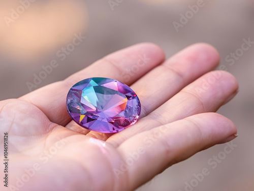 Photo of An Alexandrite stone in hand, blurry beige background