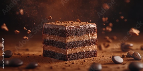 a piece of chocolate cake with chocolate sping out of it photo