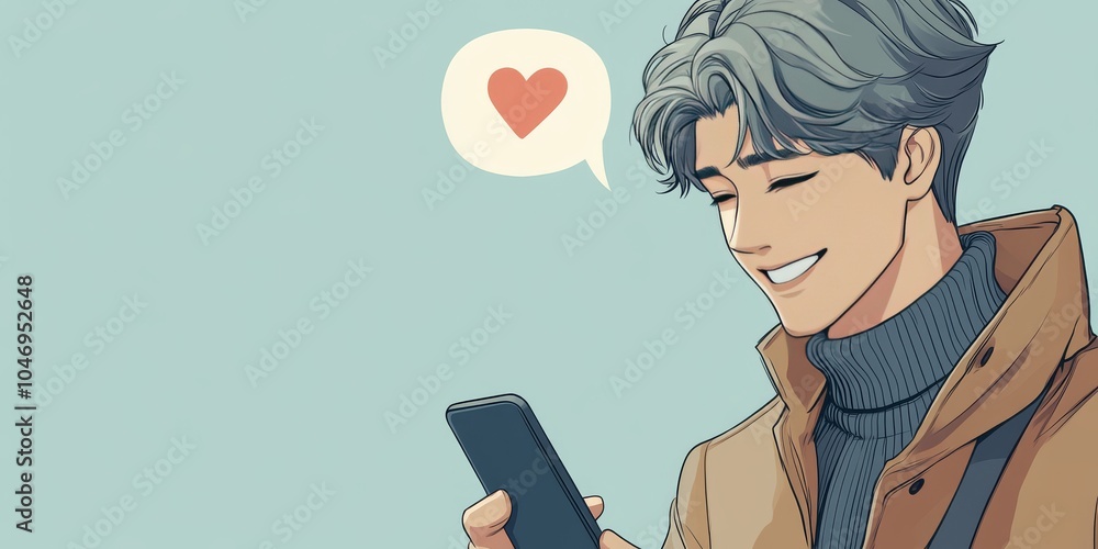 European man smiling with phone and heart bubble