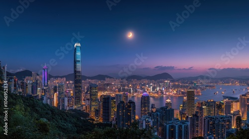 A panoramic view of Hong Kong's skyline at night, with the crescent moon in the sky, as seen from Victoria Peak. photo