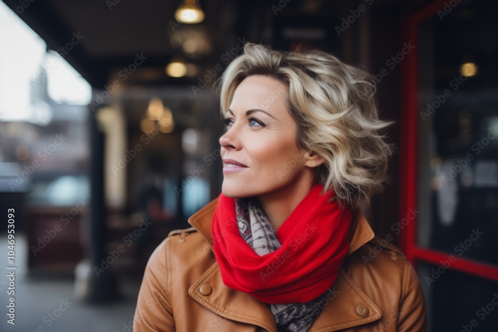 Portrait of a beautiful young woman with curly blonde hair, wearing a brown coat and red scarf. Portrait of a beautiful young woman with curly blonde hair, wearing a brown coat and red scarf.