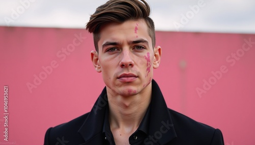 Professional outdoor shoot featuring a diverse young male fashion model with vitiligo showcasing a stylish pink-and-black look in the metrosexual aesthetic photo