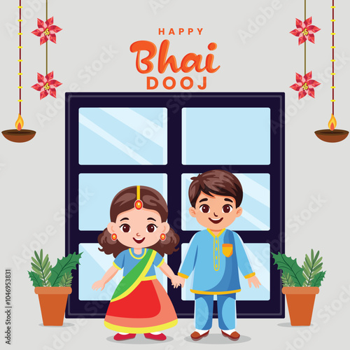 Vector Illustration of Indian Brother and Sister Celebrating Happy Bhai Dooj Festival, Can Be Used for Greeting Card.