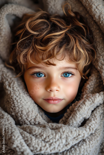 A little boy with blue eyes wrapped in a blanket