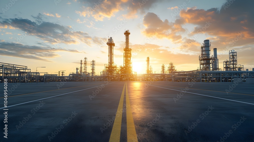 Double exposure image showcasing the intersection of the energy industry and the financial markets  An oil field is overlaid with a growing forex chart set against a beautiful sunset backdrop
