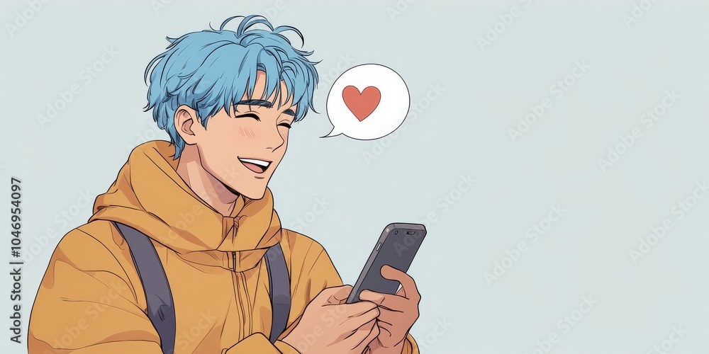 Anime-style blue-haired young man with phone and love bubble