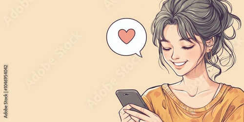 Anime-style middle-aged woman smiling with phone and love bubble