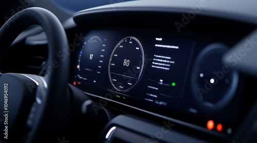 A car dashboard with a digital screen showing the speedometer at 80 mph photo