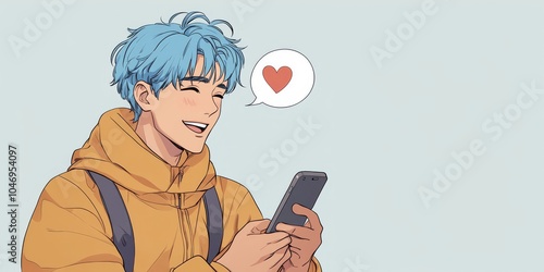 Obraz na płótnie Anime-style blue-haired young man with phone and love bubble w salonie