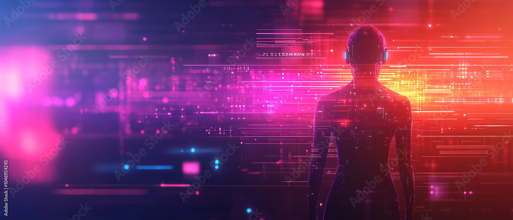 Fototapeta premium Futuristic Digital Art Silhouette of a Woman with Glowing Lines