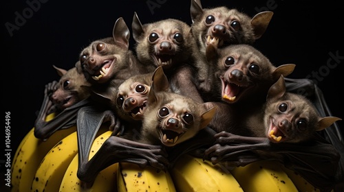 Close-up of a group of large bats eating bananas together. photo