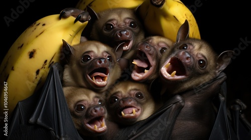 Close-up of a group of large bats eating bananas together. photo