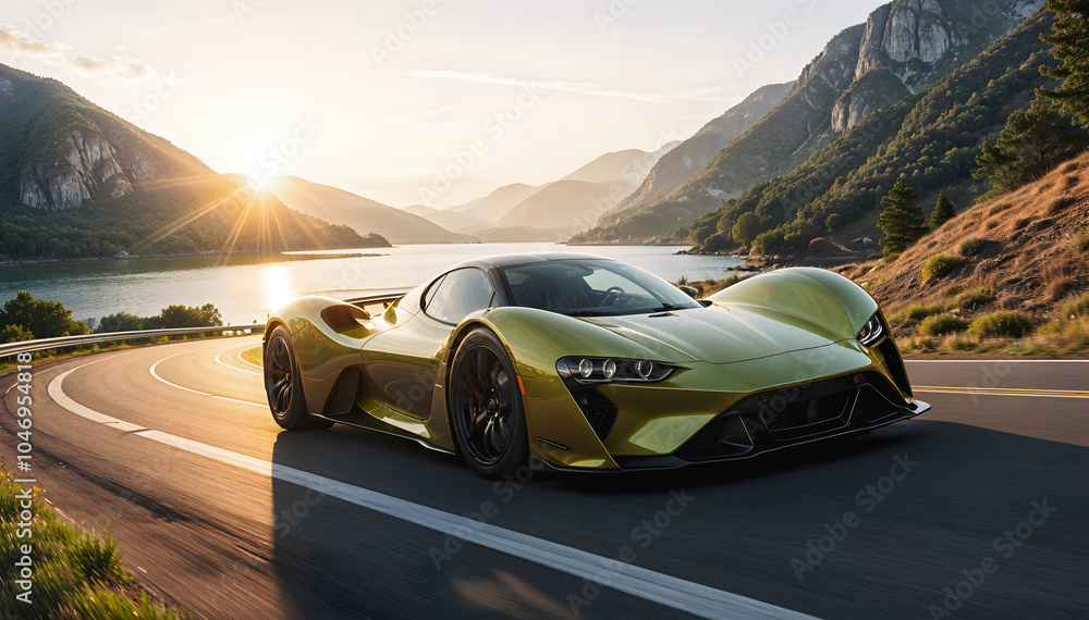 Beautiful modern sport car driving fast on scenic road at sunset , automotive background, tuning template, auto transport