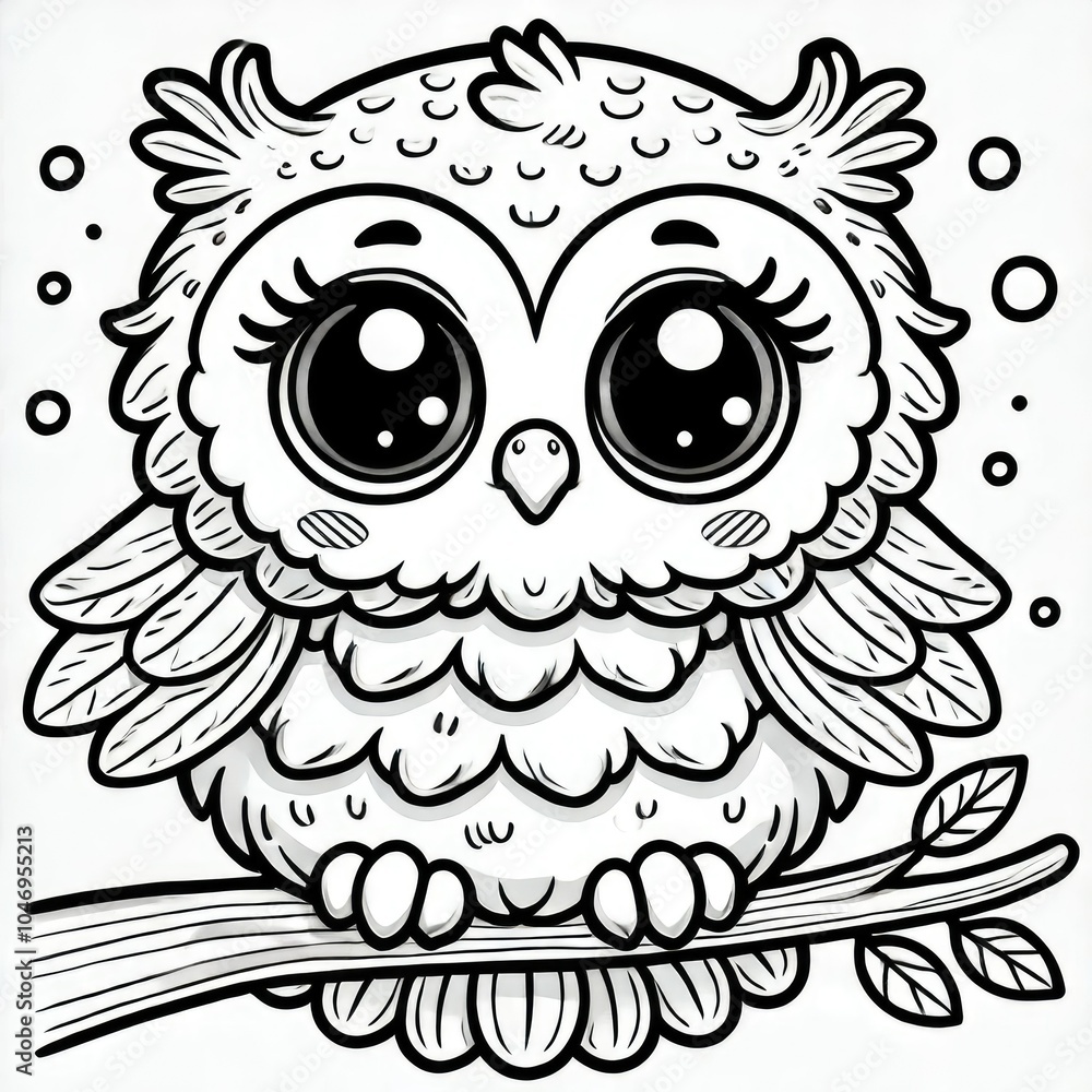 Cute baby owl sitting on a tree limb, with big, expressive eyes, ideal for coloring fun Cute baby owl sitting on a tree limb, with big, expressive eyes, ideal for coloring fun