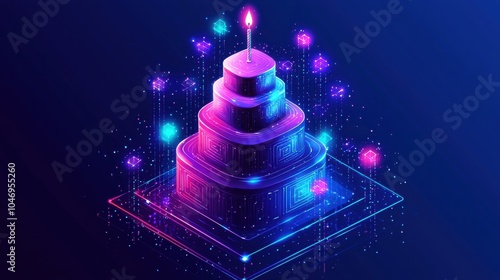 Futuristic Digital Birthday Cake with Neon Lights