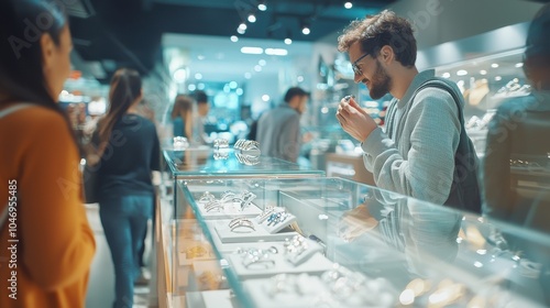 Man admiring jewelry in a store under bright lighting