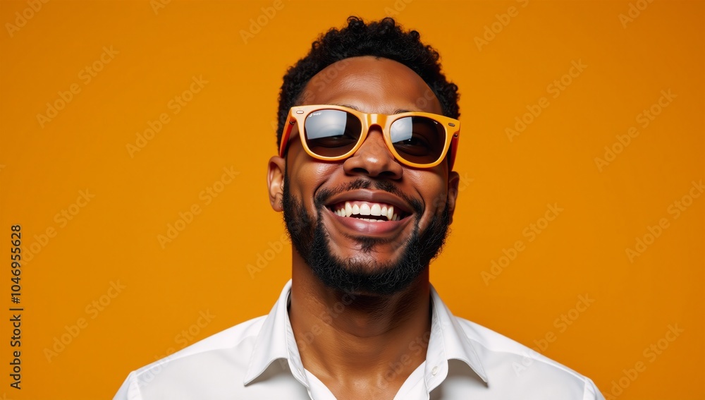 A smiling African-American bearded man stands before an intense orange backdrop donning orange sunglasses A smiling African-American bearded man stands before an intense orange backdrop donning orange sunglasses
