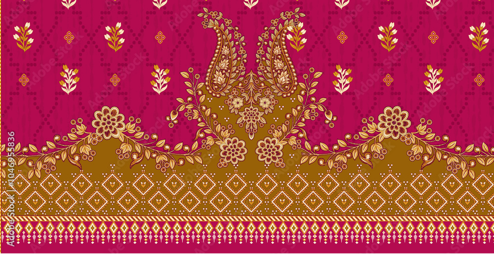 Digital Pattern for Textile Design Featuring an ethnic style with a botiancal flower and ornament and a geometric motif Digital Pattern for Textile Design Featuring an ethnic style with a botiancal flower and ornament and a geometric motif
