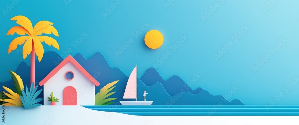 Naklejka premium Tropical Beach Scene with Boat and Palm Trees