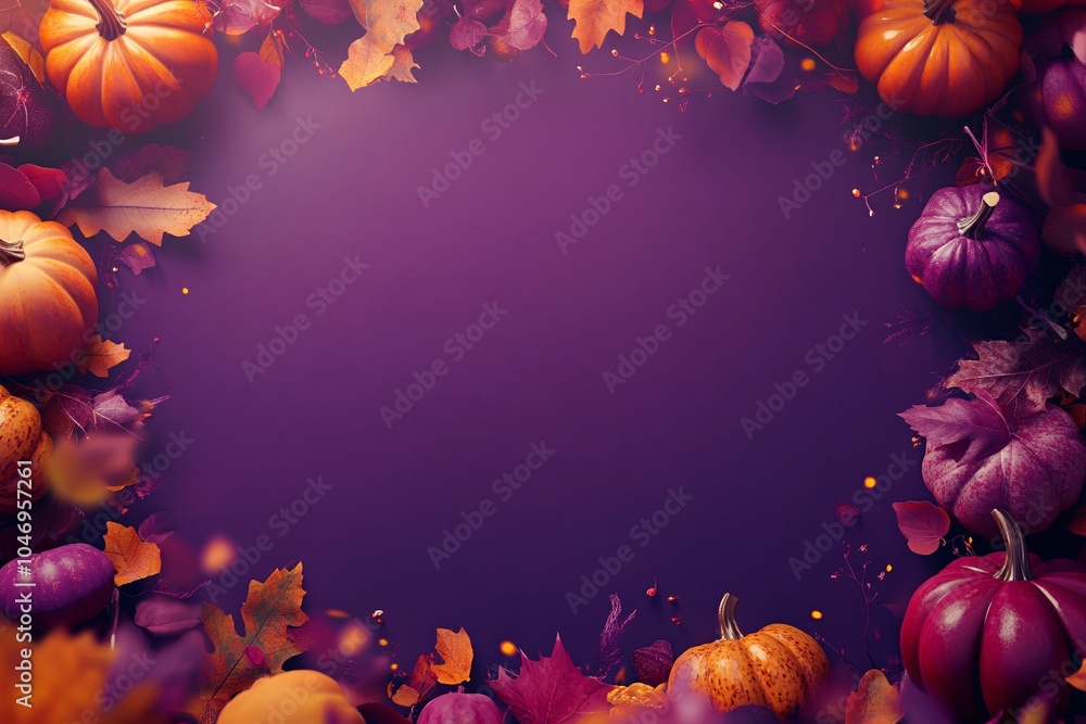 Fototapeta premium Autumn harvest display with vibrant pumpkins and colorful flowers against a purple backdrop
