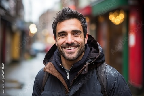 Portrait of a handsome young man smiling in a city street.