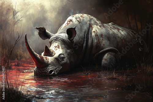 A rhino is laying down in the water in the wild