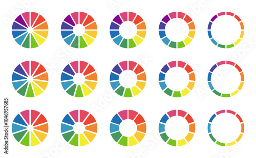 Donut charts, pies segmented on 10, 11, 12 equal parts. Wheels divided in sections. Diagrams infographic multicoloured collection. Circle section minimalist graph. Pizza chart round icon. Loading bar.