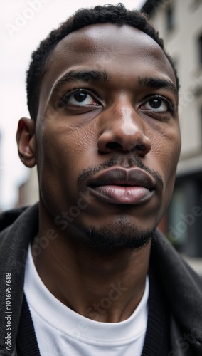 Street portrait Young African-American man close-up front view looking up on the street