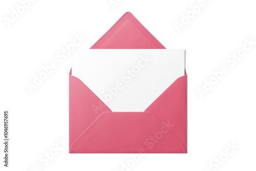 Opened pink envelope mockup with blank paper isolated on a transparent background, PNG. High resolution.  photo