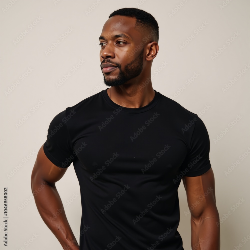 African American model showcases clean logo-friendly black tee against neutral backdrop African American model showcases clean logo-friendly black tee against neutral backdrop