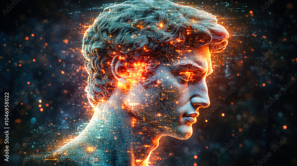 A profile view of a classical sculpture enhanced with ethereal digital effects of glowing pixel clouds, representing the fusion of tradition and modern technology. A profile view of a classical sculpture enhanced with ethereal digital effects of glowing pixel clouds, representing the fusion of tradition and modern technology.