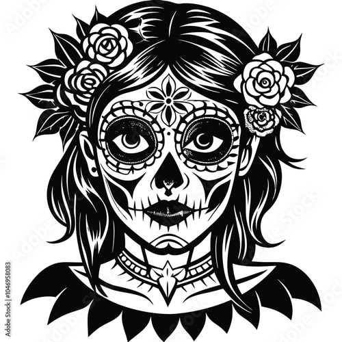 Dia de los Muertos vector with skull, skeleton hand, rose, vibrant flowers, and festive patterns.