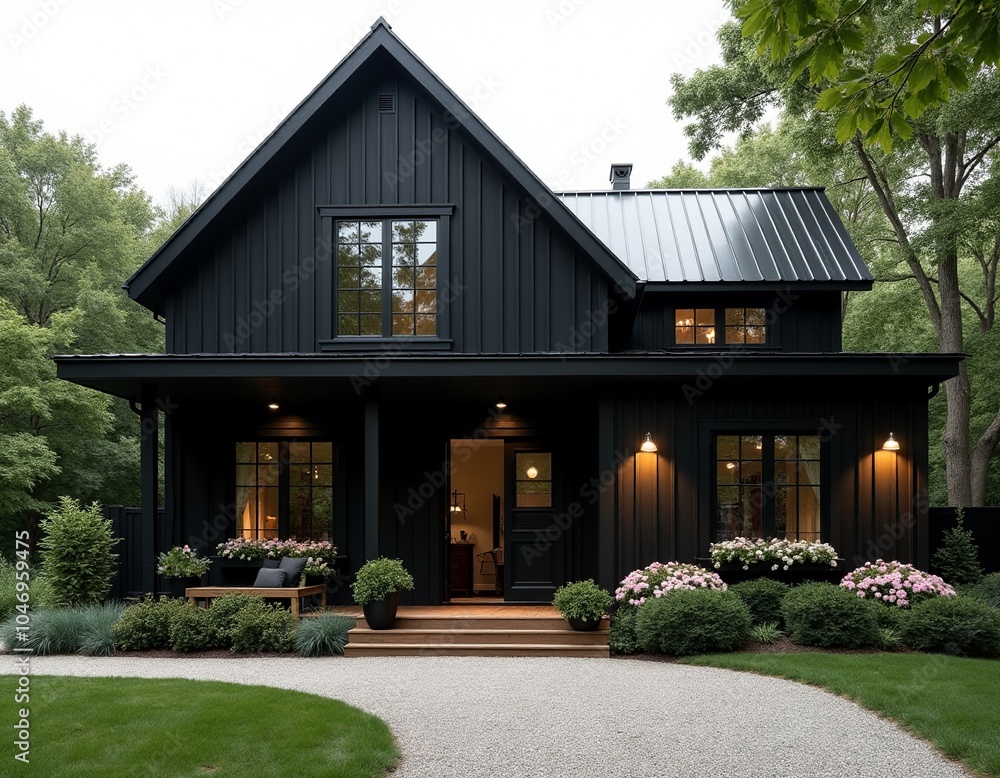 Contemporary Black Farmhouse Featuring Cedar Wood: A Wide Shot Celebrating Scandinavian Minimalism with Deep Shadows and Elegant Outdoor Decor Contemporary Black Farmhouse Featuring Cedar Wood: A Wide Shot Celebrating Scandinavian Minimalism with Deep Shadows and Elegant Outdoor Decor