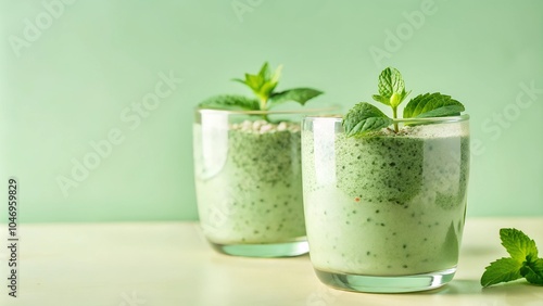 Green Smoothie with Mint Leaves in Soft Green Light