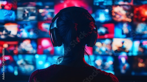 Woman in Headphones with Neon Lights in Background.