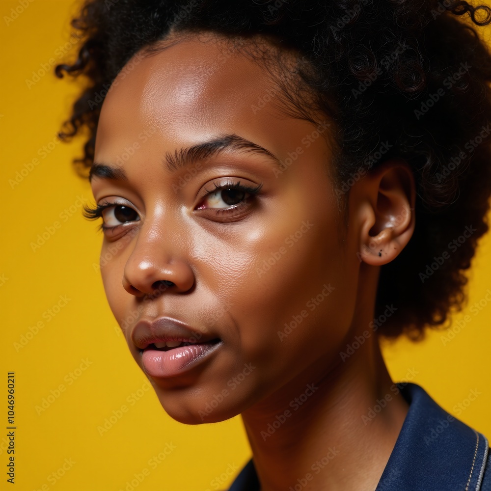 A young African-American woman is posed stylishly against a vibrant yellow backdrop A young African-American woman is posed stylishly against a vibrant yellow backdrop