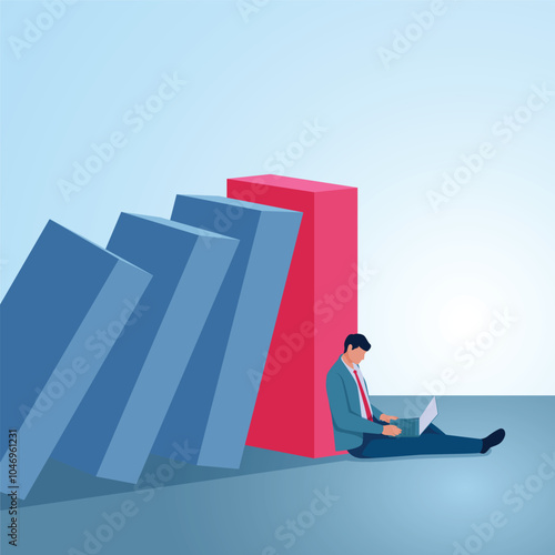 A man with a laptop sits next to a standing block while others are affected by the domino effect. Illustration of risk management, business mistakes, strategy and planning.