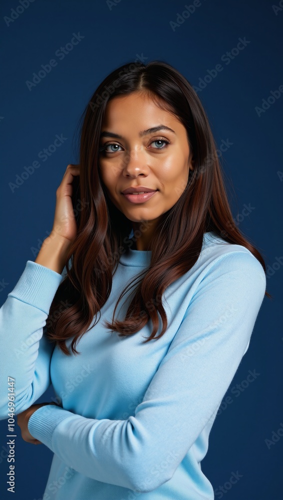 African-American woman in light blue sweater posed against blue backdrop long wavy hair striking blue eyes African-American woman in light blue sweater posed against blue backdrop long wavy hair striking blue eyes