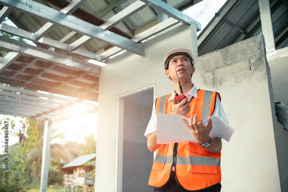 Asian architect engineer construction property inspector using radio walkie talkie communicating with team on building site, planning designing building project blueprint concept, wearing vest hardhat Asian architect engineer construction property inspector using radio walkie talkie communicating with team on building site, planning designing building project blueprint concept, wearing vest hardhat