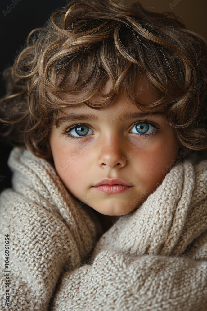 A little boy with blue eyes wrapped in a blanket A little boy with blue eyes wrapped in a blanket