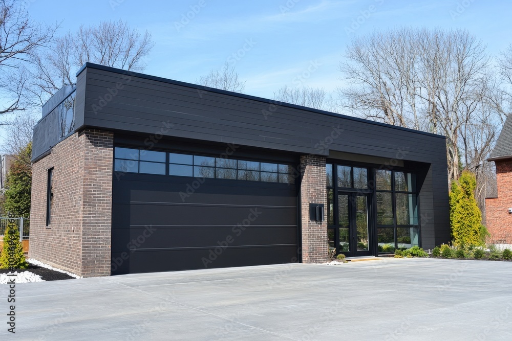 Black Garage Door. Modern Entry Gate for Sectional Estate Building Black Garage Door. Modern Entry Gate for Sectional Estate Building