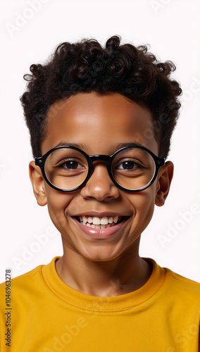 A charming adorable African-American boy with large glasses brings innocent joy in a delightfully isolated portrait set against a pristine white backdrop photo