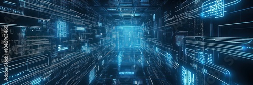 Abstract blue glowing digital tunnel with data flow, lines, and circuit boards.