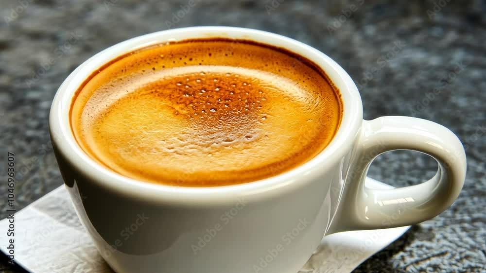 A close-up of a freshly brewed cup of espresso, with a rich crema, resting on a small saucer A close-up of a freshly brewed cup of espresso, with a rich crema, resting on a small saucer
