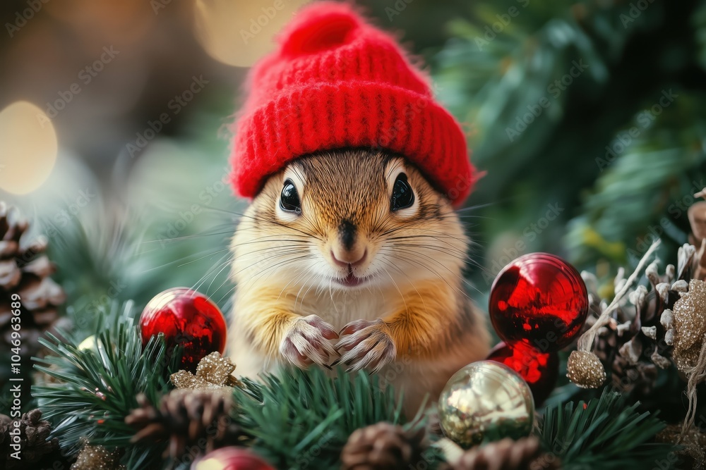 a cute little chipmunk in a red hat and with New Year's paraphernalia a cute little chipmunk in a red hat and with New Year's paraphernalia