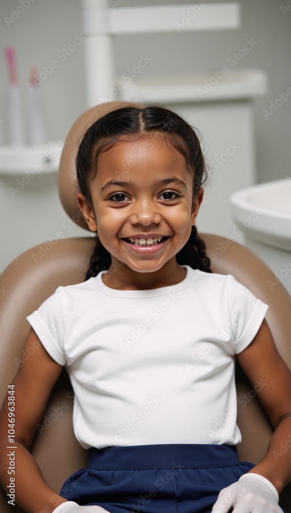 A joyful African American child is depicted during her dental visit for cleaning and examination featuring a radiant post-treatment smile with bright gleaming teeth A joyful African American child is depicted during her dental visit for cleaning and examination featuring a radiant post-treatment smile with bright gleaming teeth