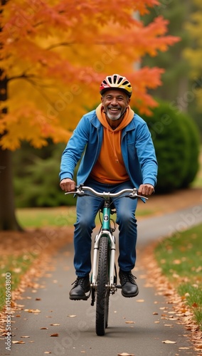 A cheerful helmet-wearing African American man bikes past an autumn park