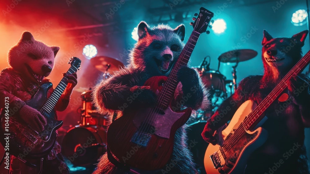 Obraz premium A group of animals posing like rock stars in a band, with instruments, bright lights, and dynamic poses, ideal for a playful stock photo